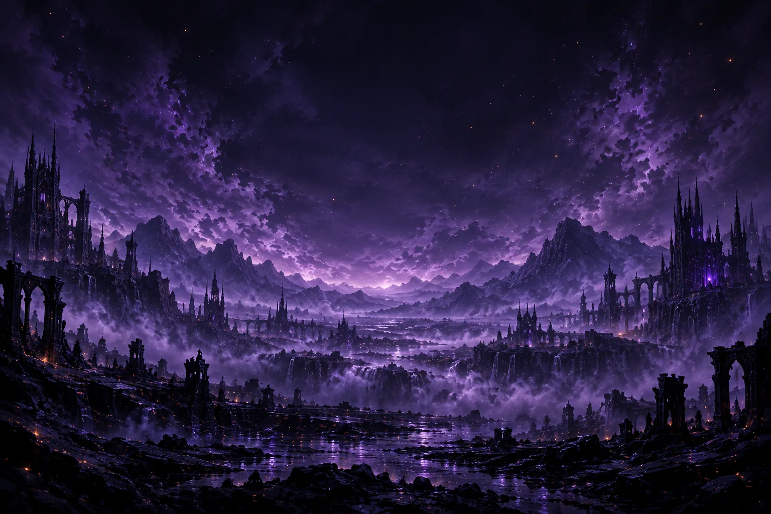 Une vallée gothique baignée de brume violette